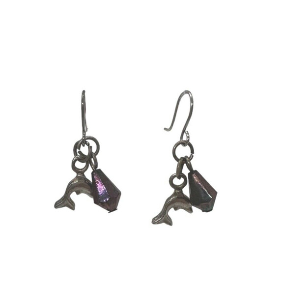 Dolphin Earrings Vintage Silver Tone Pearlescent Bead Fun Lightweight Dangles - Picture 6 of 8
